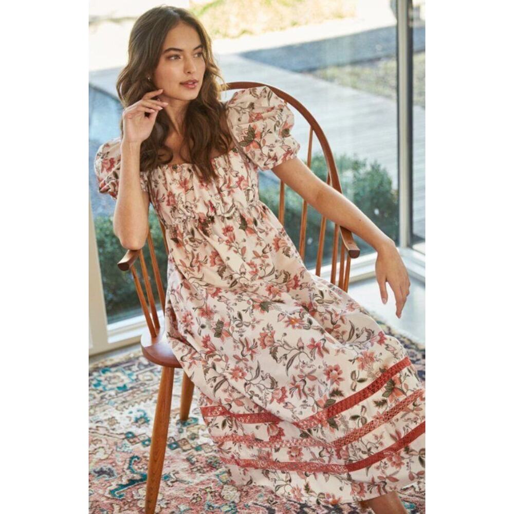Mi Golondrina Floral Puff-Sleeve Maxi Dress in Cream and Rust